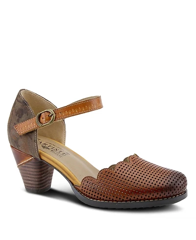 L'Artiste Women's Adodora Floral Tapestry Mary Jane Heels with Hook-and-Loop Strap, Scalloped Edges, Decorative Buckle, Cushioned Insole, and Flexible