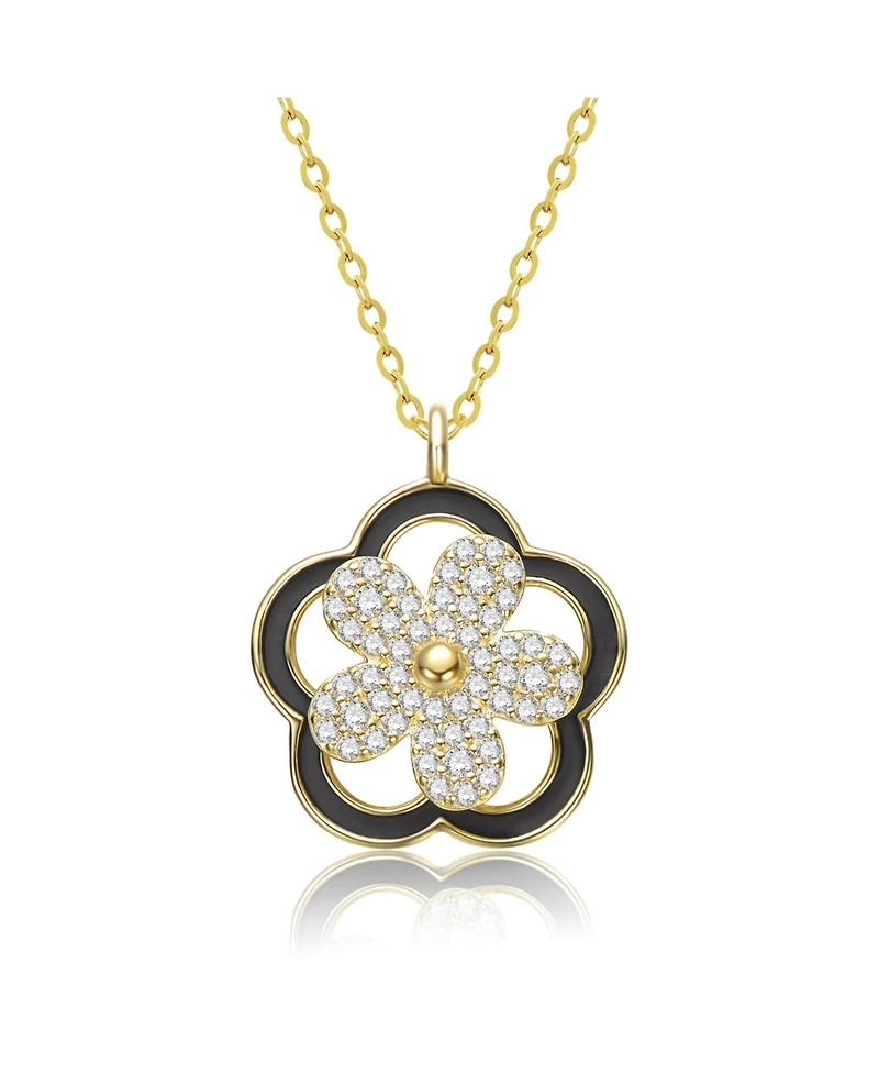 Rachel Glauber 14K Gold Plated with Clear Cubic Zirconia & Black Enamel Flower Design Drop Pendant Necklace