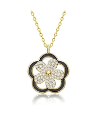 Rachel Glauber 14K Gold Plated with Clear Cubic Zirconia & Black Enamel Flower Design Drop Pendant Necklace