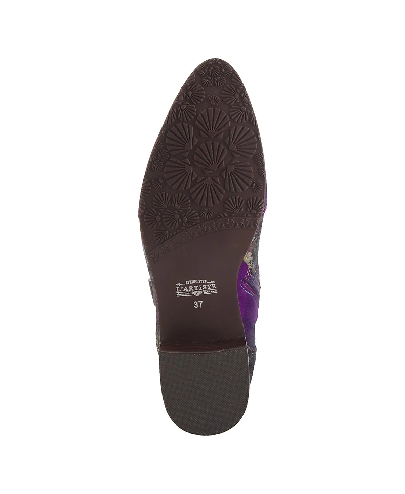 L'Artiste Women's Ladyluck Western Suede Booties with Floral Overlay and Block Heel