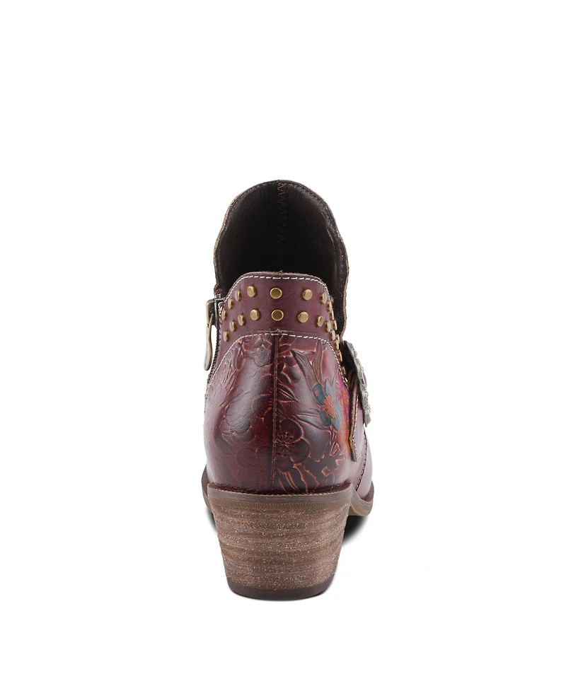 L'Artiste Women's Daintylady Western Ankle Boots with Hand-Painted Floral Embossing, Studded Belt Detail, Side Zipper, and 2¼" Heel –