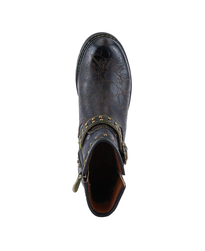 L'Artiste Women's Branchout Hand-Painted Leather Booties with Etched Botanical Motifs, Studded Buckle Strap, Inside Zipper, and Rainbow Stitching