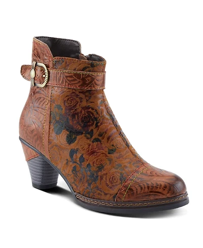 L'Artiste Women's Antilles Floral Embossed Suede Booties with Vintage Buckle Detail, Inside Zipper, Low Heel, and Faux Fur Lining – Boho-Inspir