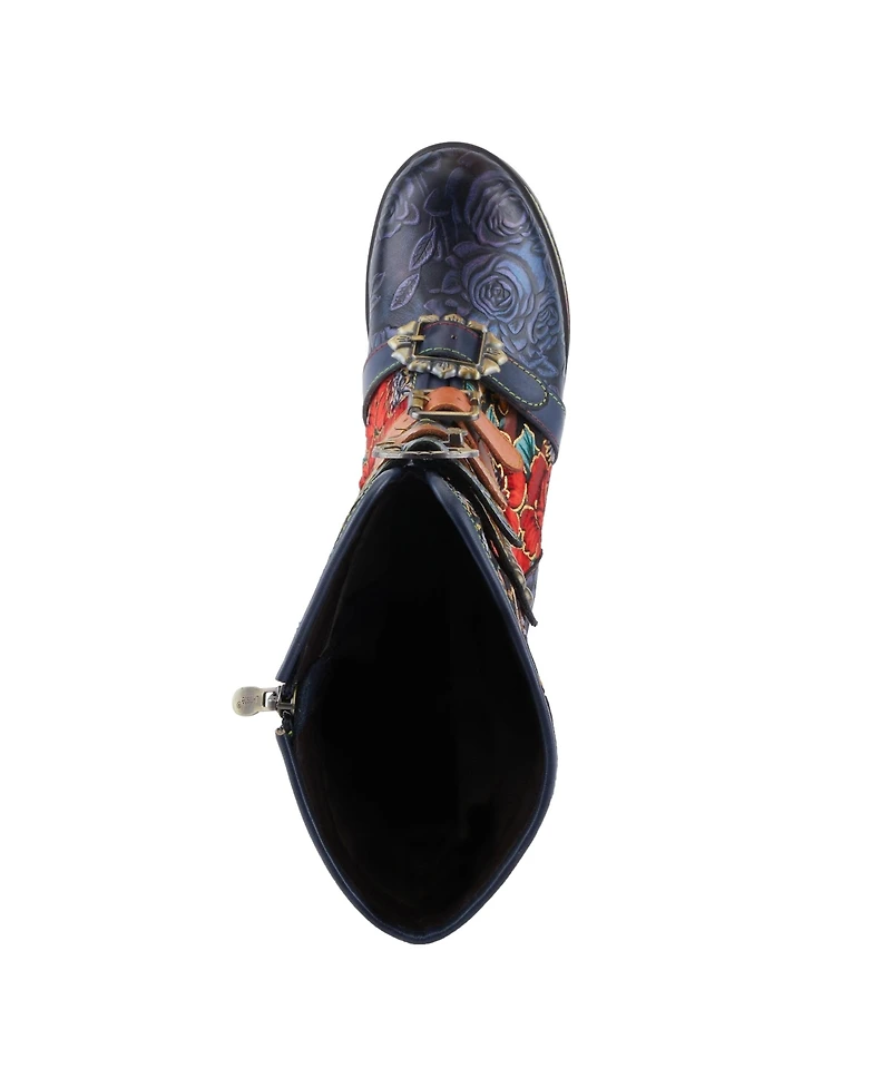 L Artiste Women s Brazen Mid-Shaft Boot with Embossed Floral Leather, Buckled Straps & Faux Fur Lining