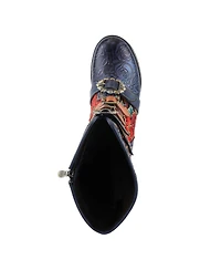 L Artiste Women s Brazen Mid-Shaft Boot with Embossed Floral Leather, Buckled Straps & Faux Fur Lining
