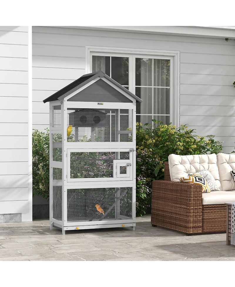 PawHut Wooden Bird Aviary with Slide-Out Tray, Birdhouse, Ladder, Perches