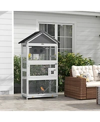 PawHut Wooden Bird Aviary with Slide-Out Tray, Birdhouse, Ladder, Perches