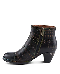 L'Artiste Women's Niobe Leather Ankle Boots with Burnished Finish, Gold Studs, Etched Patterns, Inside Zipper, and Rainbow Stitching – Artisan