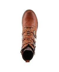 L'Artiste Women's Moonlit Leather Booties with Floral Embossing, Triple Buckle Straps, Inside Zipper, and Lug Sole – Velvet-Lined Statement Ank