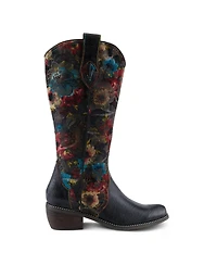 L Artiste Women s Rodeoqueen-viv Western Tall Boots with Embossed Leather, Floral Velvet Shaft, and Stacked Heel