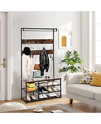 Gaomon Coat Rack Hall Tree with 3-Tier Shoe Storage and 5 Hooks ,Sturdy wooden boards and iron grids, Large Wood-Look Shoe Rack Bench for Entryway, Cl