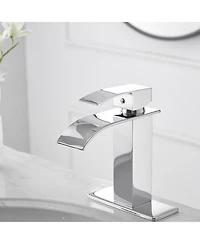 Greenspring Waterfall Single Handle Single Hole Modern Bathroom Faucet With Metal Drain Drip-Free Vanity Sink Faucet in Brushed Gold