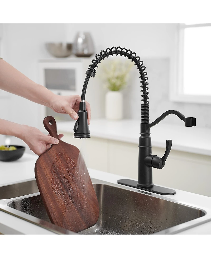 Greenspring Single-Handle Pull-Down Sprayer 3 Spray High Arc Kitchen Faucet With Deck Plate in Matte Black