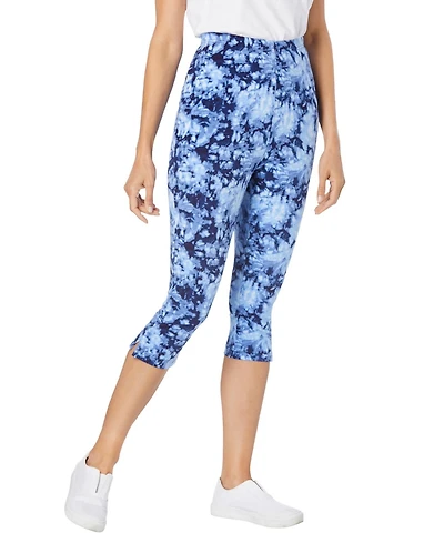 Woman Within Plus Stretch-Cotton Knit Pull-On Printed Capri Leggings