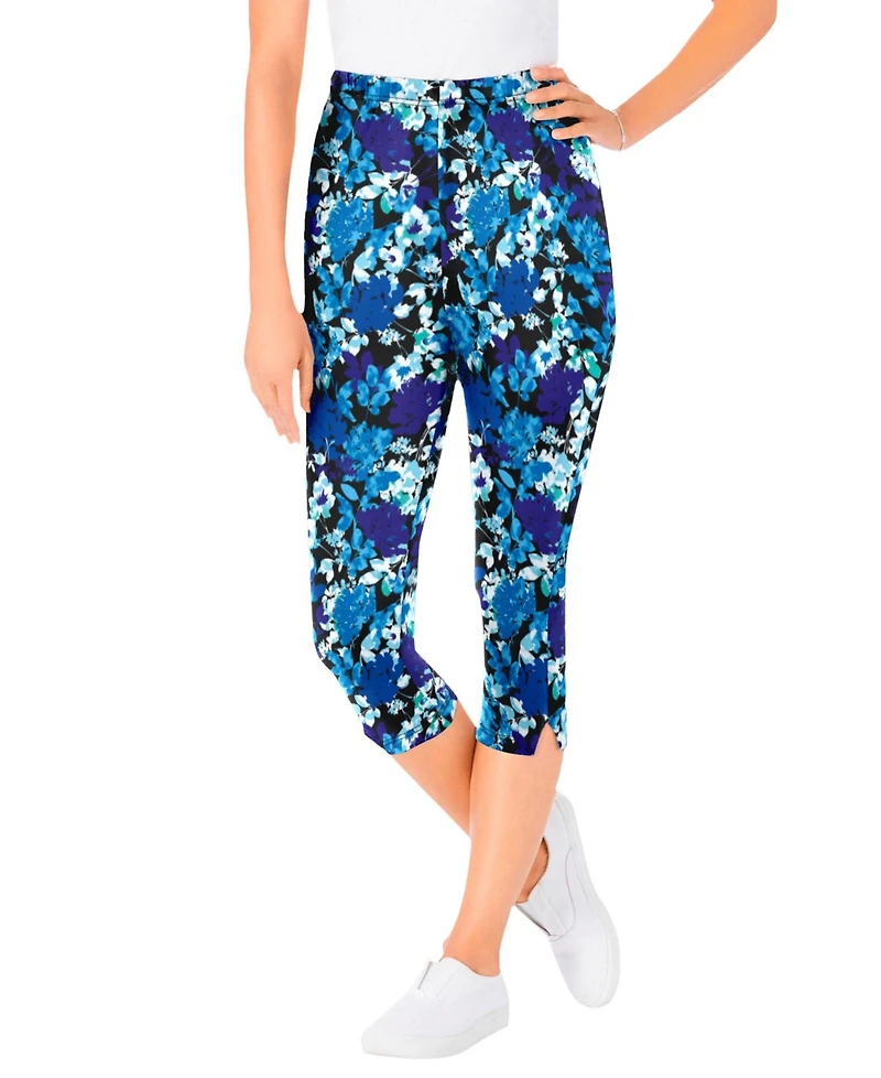 Woman Within Plus Stretch-Cotton Knit Pull-On Printed Capri Leggings