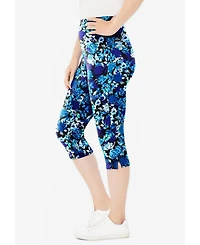 Woman Within Plus Stretch-Cotton Knit Pull-On Printed Capri Leggings