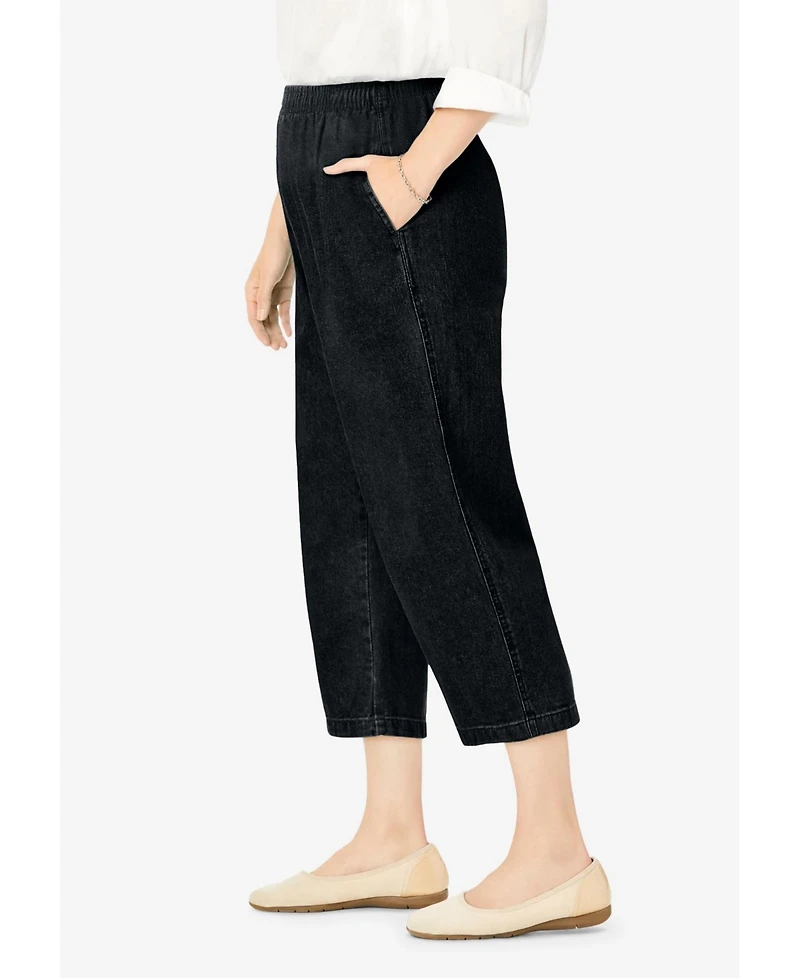 Woman Within Women's 7-Day Elastic-Waist Pull-On Cotton Denim Capri Jeans