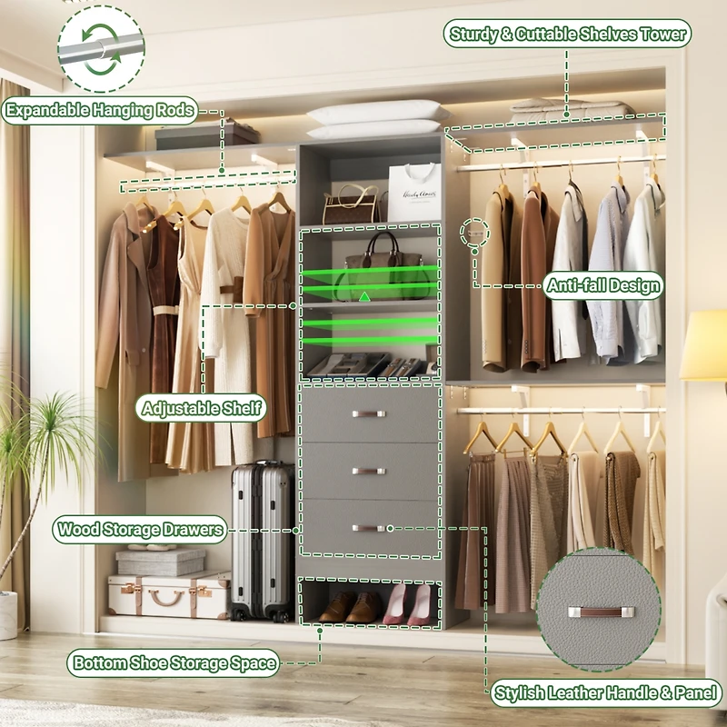 8FT Walk In Closet Organizer with 3 Shelving Towers, Heavy Duty Clothes Rack with 3 Drawers