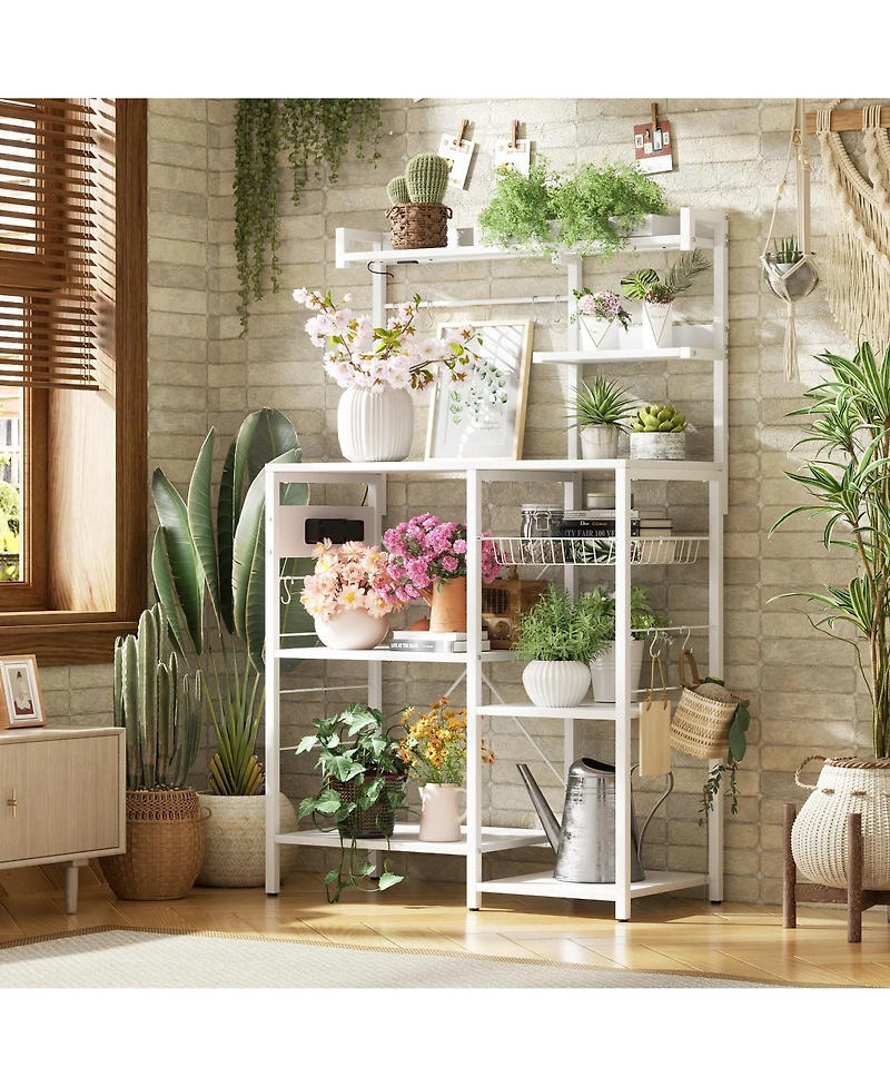 Aheaplus Kitchen Storage Shelf with Hooks, Coffee Bar Station with Power Outlets & Led Light, Bakers Rack with Pull-Out Basket