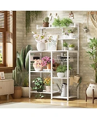 Aheaplus Kitchen Storage Shelf with Hooks, Coffee Bar Station with Power Outlets & Led Light, Bakers Rack with Pull-Out Basket