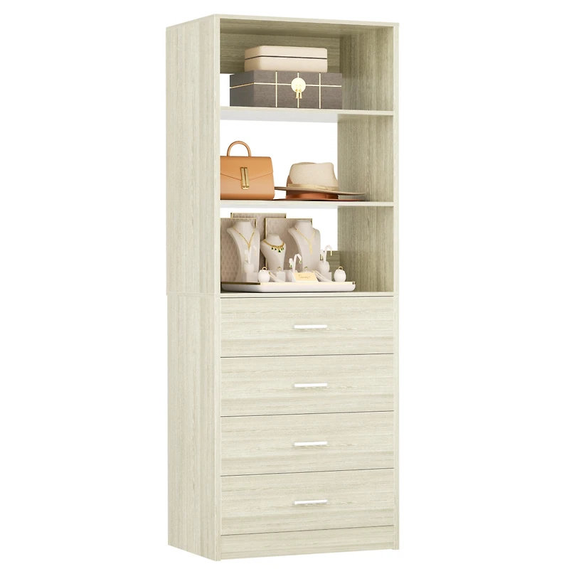 21.3" Closet Drawer System, Walk-in Tower with 4 Wooden Drawers and Shelves