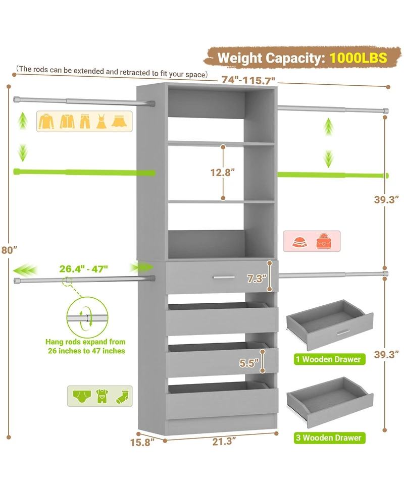 Aheaplus 8FT Wall Mounted Closet System with 4 Drawers and Hanging Rods, Garment Rack Shelves