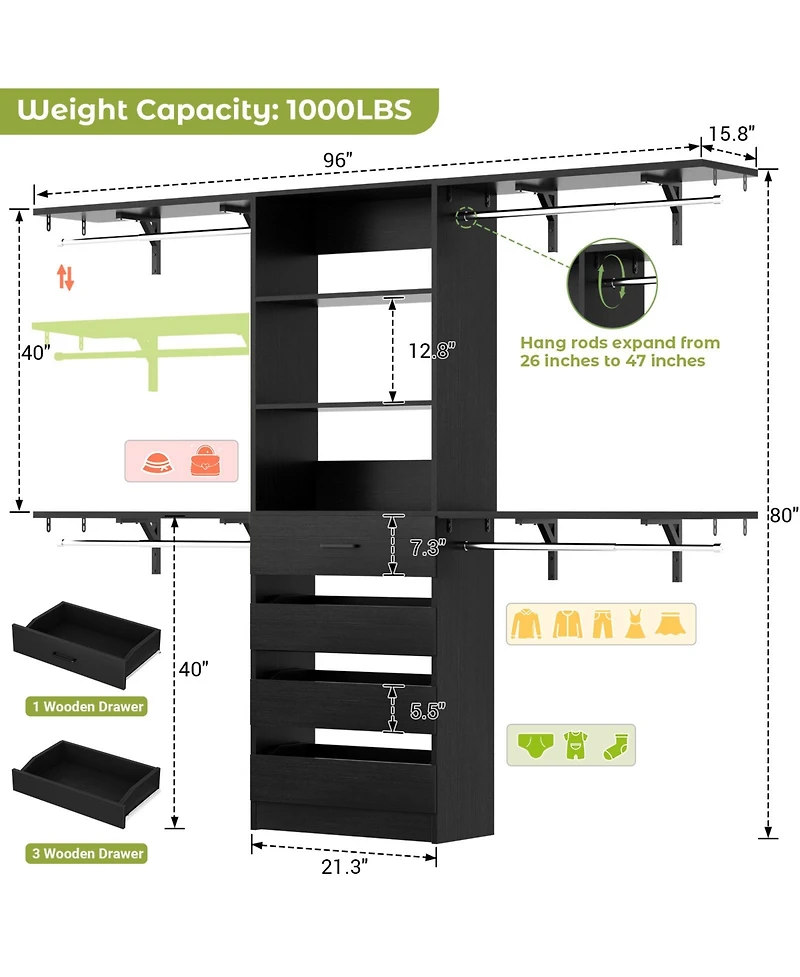 Aheaplus 96 inches Closet Organizer System with 4 Reversible Shelves and Wood Drawers, Wardrobe Clothes Rack Hanging Rods