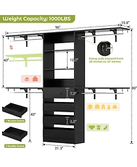 Aheaplus 96 inches Closet Organizer System with 4 Reversible Shelves and Wood Drawers, Wardrobe Clothes Rack Hanging Rods