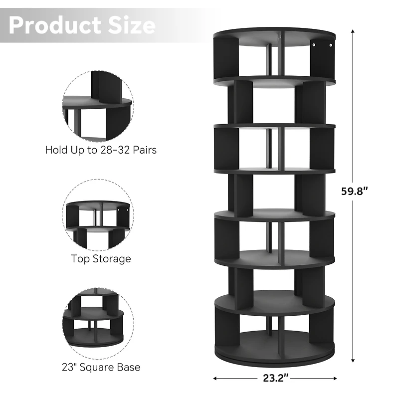 7-Tier Rotating Shoe Rack, 360° Display Wooden Revolving Rack Tower