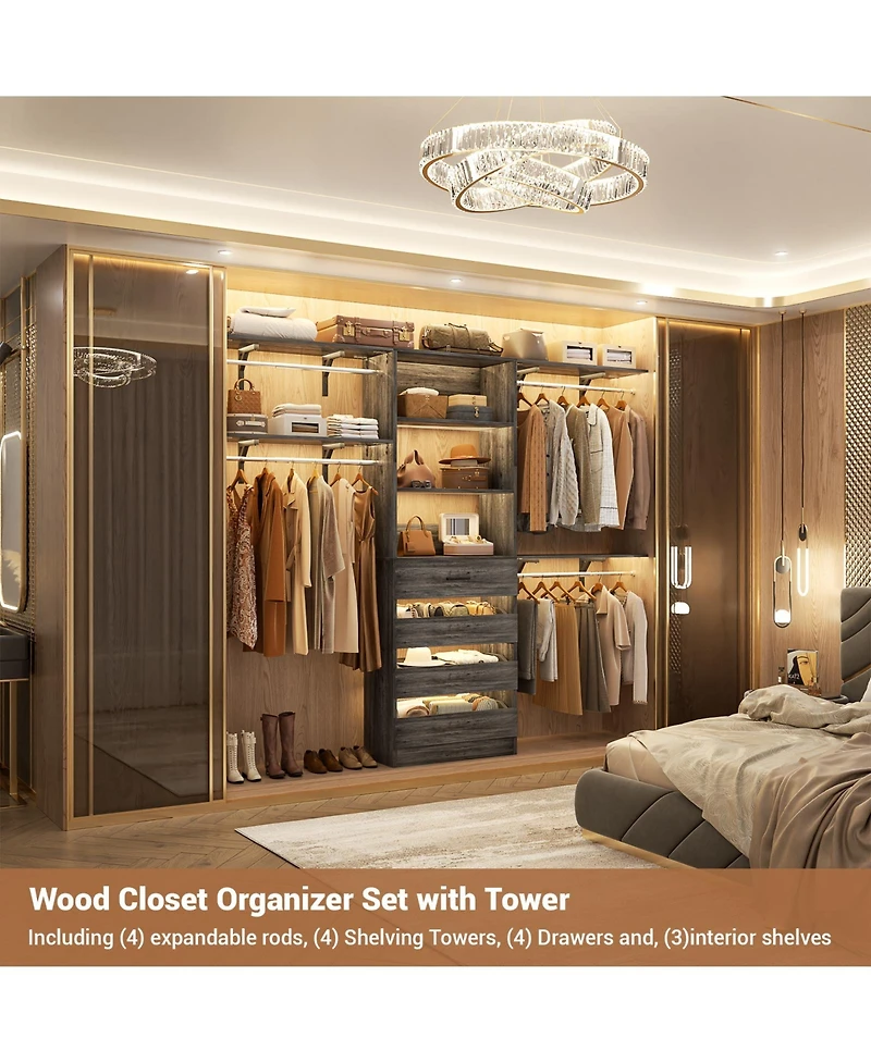 Aheaplus 96 inches Closet Organizer System with 4 Reversible Shelves and Wood Drawers, Wardrobe Clothes Rack Hanging Rods