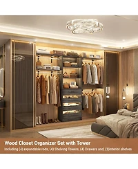 Aheaplus 96 inches Closet Organizer System with 4 Reversible Shelves and Wood Drawers, Wardrobe Clothes Rack Hanging Rods