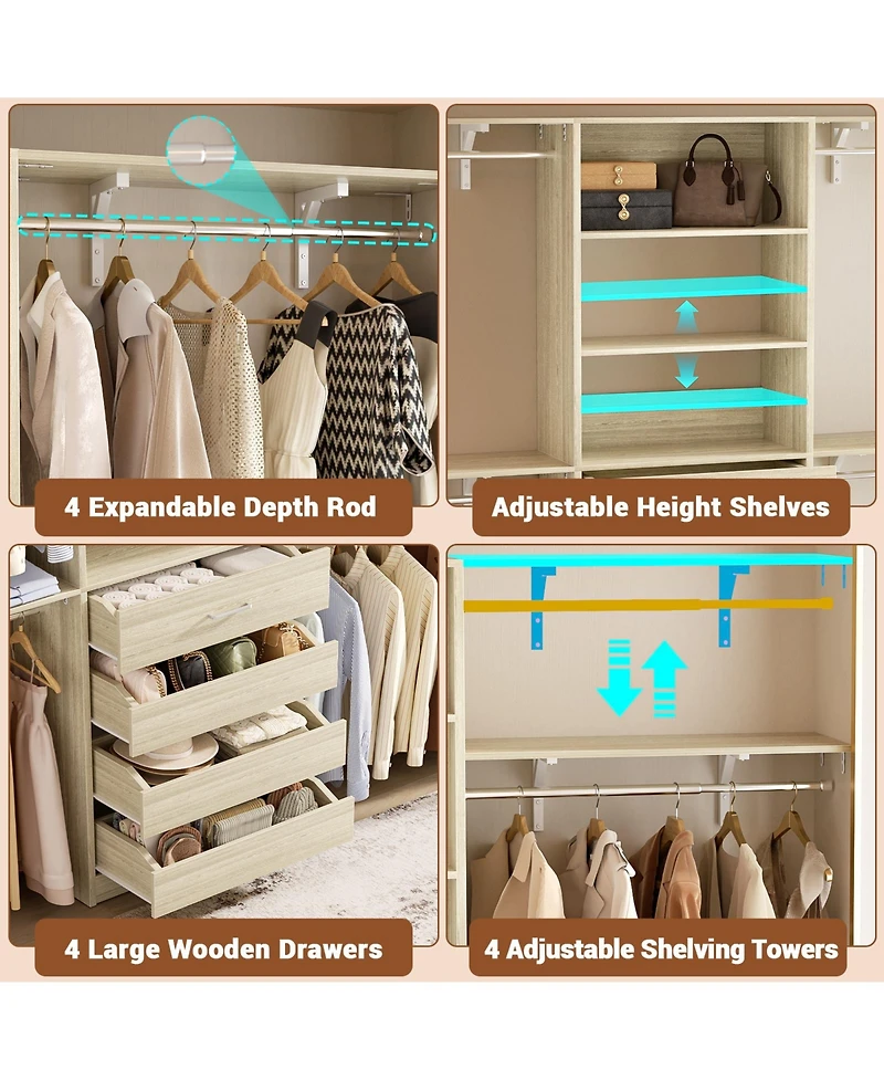 Aheaplus 96 inches Closet Organizer System with 4 Reversible Shelves and Wood Drawers, Wardrobe Clothes Rack Hanging Rods