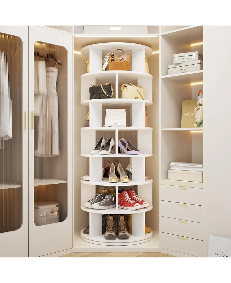 7-Tier Rotating Shoe Rack, 360° Display Wooden Revolving Shoe Rack Tower