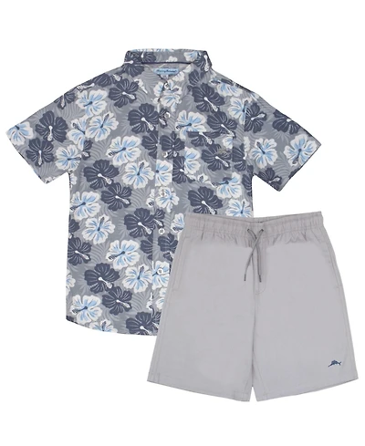 Tommy Bahama Boys Button Down Short Sleeve Hawaiian Elastic Woven Shirt and Set