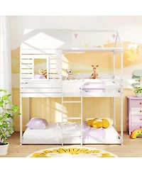 Gymax Twin over Twin House Bunk Bed Low-to-ground Bed Frame w/ Roof Solid Wood Bed