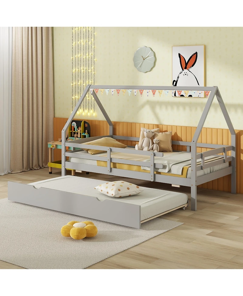 Gymax Twin House Bed w/ Trundle Wooden Kids Safety Rails & Decorable Roof