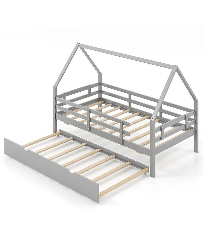 Gymax Twin House Bed w/ Trundle Wooden Kids Safety Rails & Decorable Roof