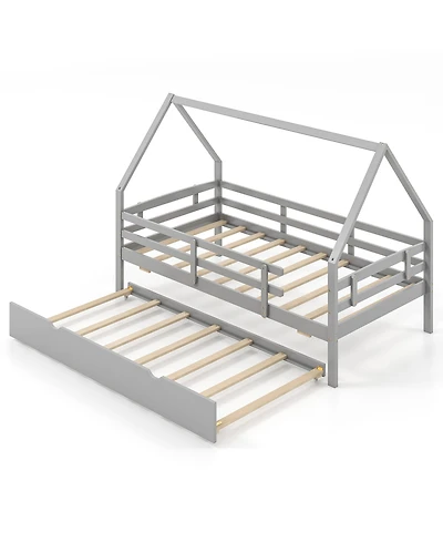 Gymax Twin House Bed w/ Trundle Wooden Kids Safety Rails & Decorable Roof