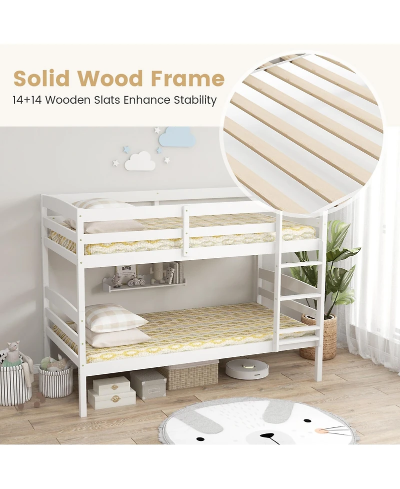 Gymax Twin Over Bunk Bed Wooden Convertible Into 2 Beds High Guardrails