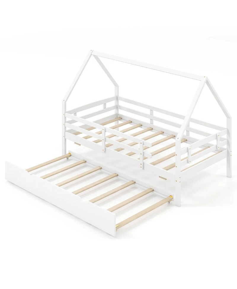 Gymax Twin House Bed w/ Trundle Wooden Kids Safety Rails & Decorable Roof