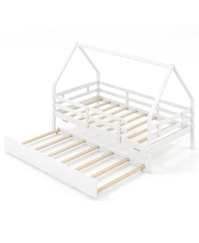Gymax Twin House Bed w/ Trundle Wooden Kids Safety Rails & Decorable Roof