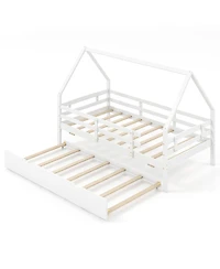 Gymax Twin House Bed w/ Trundle Wooden Kids Safety Rails & Decorable Roof