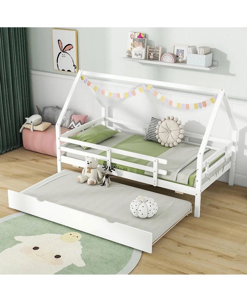 Gymax Twin House Bed w/ Trundle Wooden Kids Safety Rails & Decorable Roof