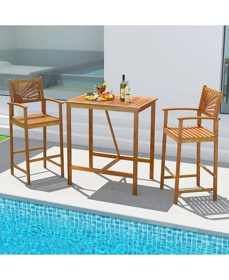 Gymax 3 Pcs Outdoor Acacia Wood Bar Set w/ Slatted Seat & Tabletop