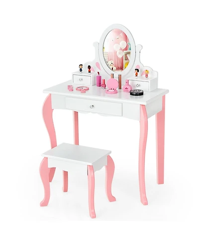 Gymax Kids Vanity Princess Makeup Dressing Table Stool Set W/ Mirror Drawer