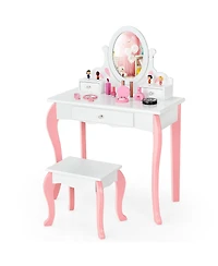 Gymax Kids Vanity Princess Makeup Dressing Table Stool Set W/ Mirror Drawer