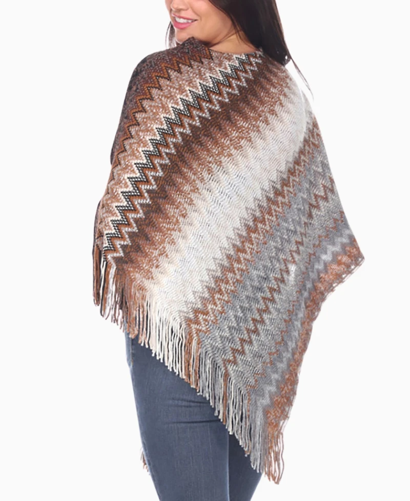 White Mark Women's Chevron Knit Fringed Hem Poncho Sweater
