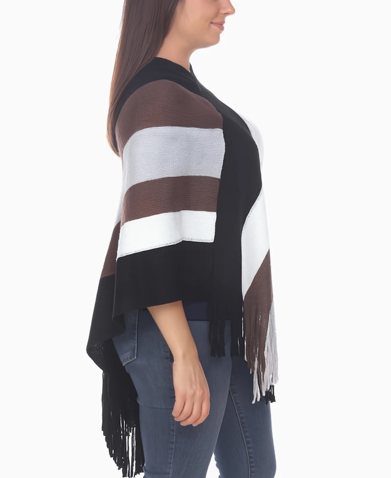 White Mark Women's Striped Knit Fringe Poncho Sweater