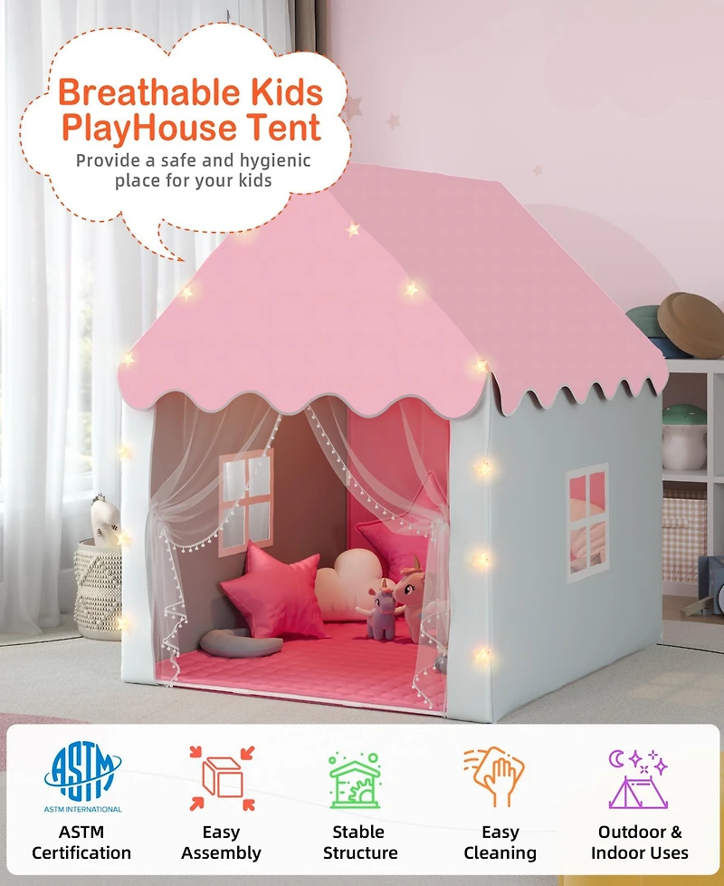 Kids Playhouse Tent with Star Lights & Mat for Girls & Boys, Indoor/Outdoor Gift