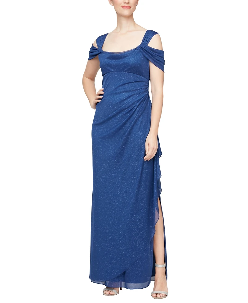 Alex Evenings Cold-Shoulder Draped Metallic Petite Gown